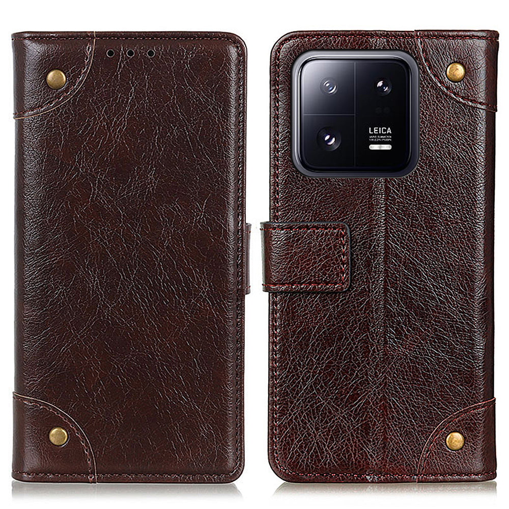 For Xiaomi 13 Pro 5G Anti-scratch Phone Cover Wallet Stand Brass Button Decor Nappa Texture Shockproof PU Leather Phone Case