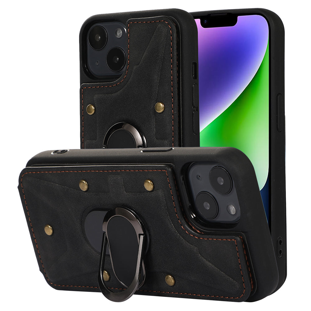 For iPhone 14 Plus Card Bag Design Skin-touch PU Leather Coated TPU Back Case with Magnetic Ring Kickstand