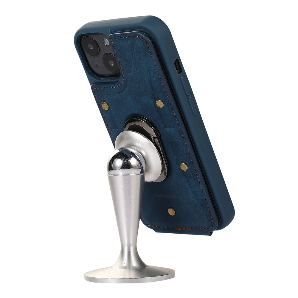 For iPhone 14 Plus Card Bag Design Skin-touch PU Leather Coated TPU Back Case with Magnetic Ring Kickstand