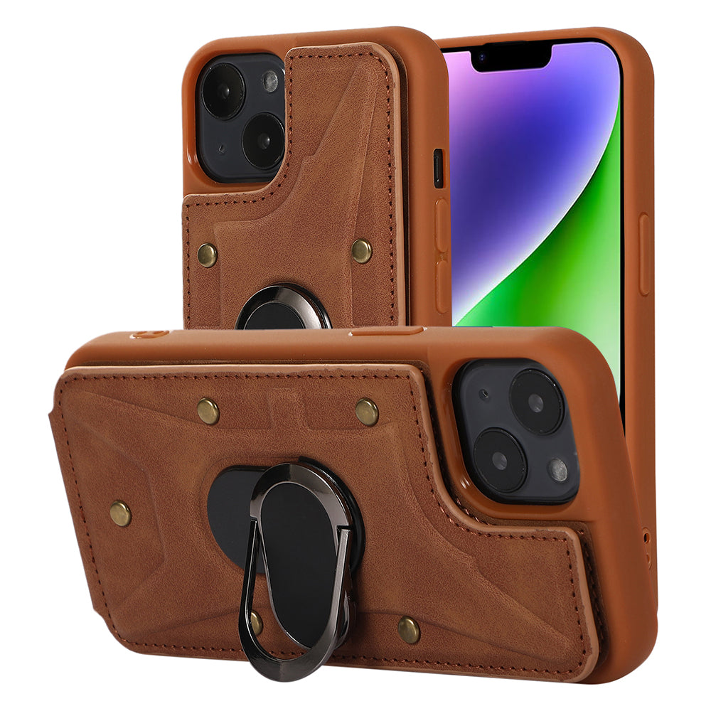 For iPhone 14 Plus Card Bag Design Skin-touch PU Leather Coated TPU Back Case with Magnetic Ring Kickstand