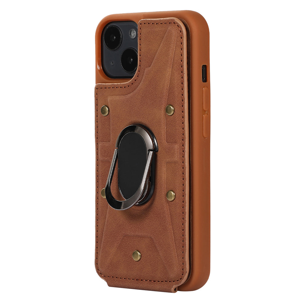 For iPhone 14 Plus Card Bag Design Skin-touch PU Leather Coated TPU Back Case with Magnetic Ring Kickstand