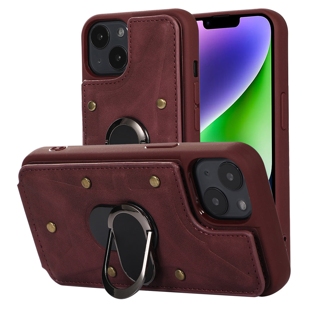 For iPhone 14 Plus Card Bag Design Skin-touch PU Leather Coated TPU Back Case with Magnetic Ring Kickstand