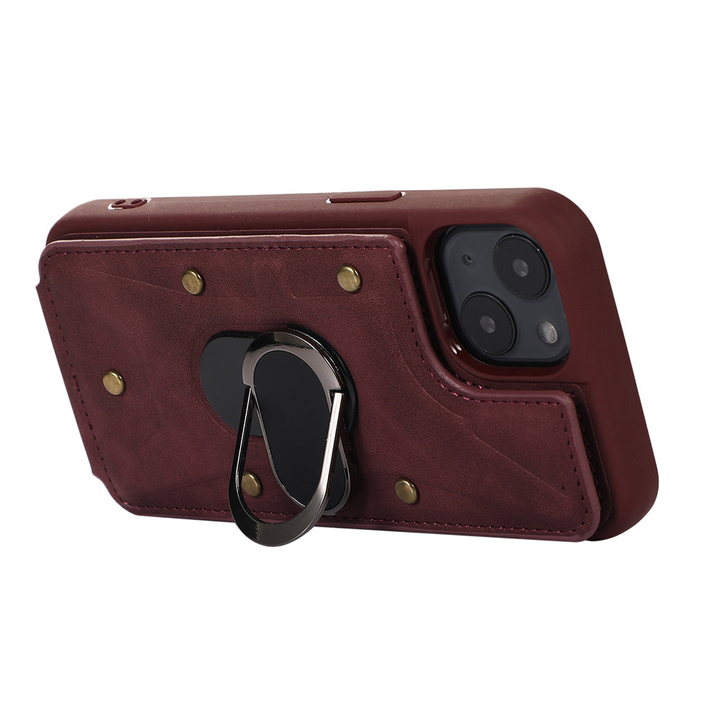 For iPhone 14 Plus Card Bag Design Skin-touch PU Leather Coated TPU Back Case with Magnetic Ring Kickstand