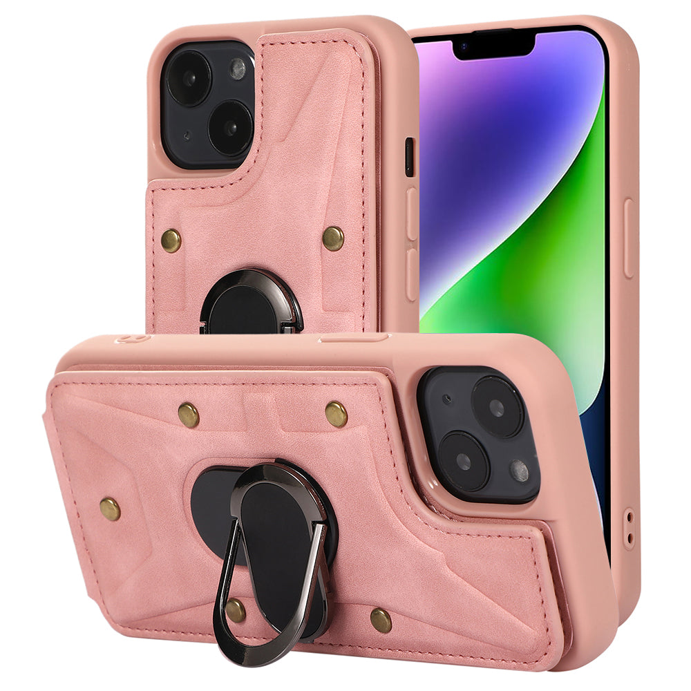 For iPhone 14 Plus Card Bag Design Skin-touch PU Leather Coated TPU Back Case with Magnetic Ring Kickstand
