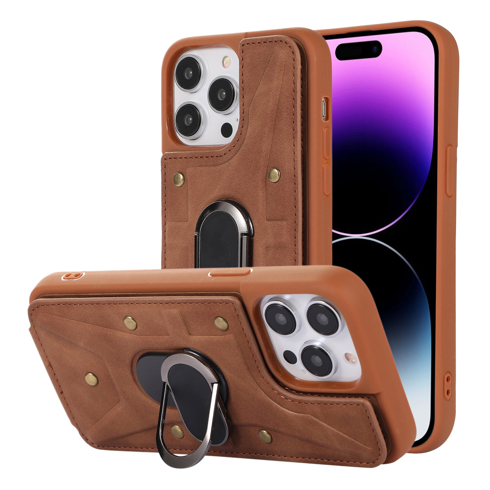 For iPhone 14 Pro Max Card Bag Design Shockproof Skin-touch PU Leather Coated TPU Back Case with Magnetic Ring Kickstand