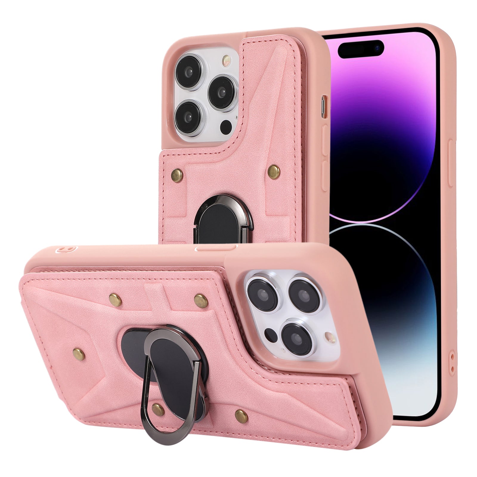 For iPhone 14 Pro Max Card Bag Design Shockproof Skin-touch PU Leather Coated TPU Back Case with Magnetic Ring Kickstand