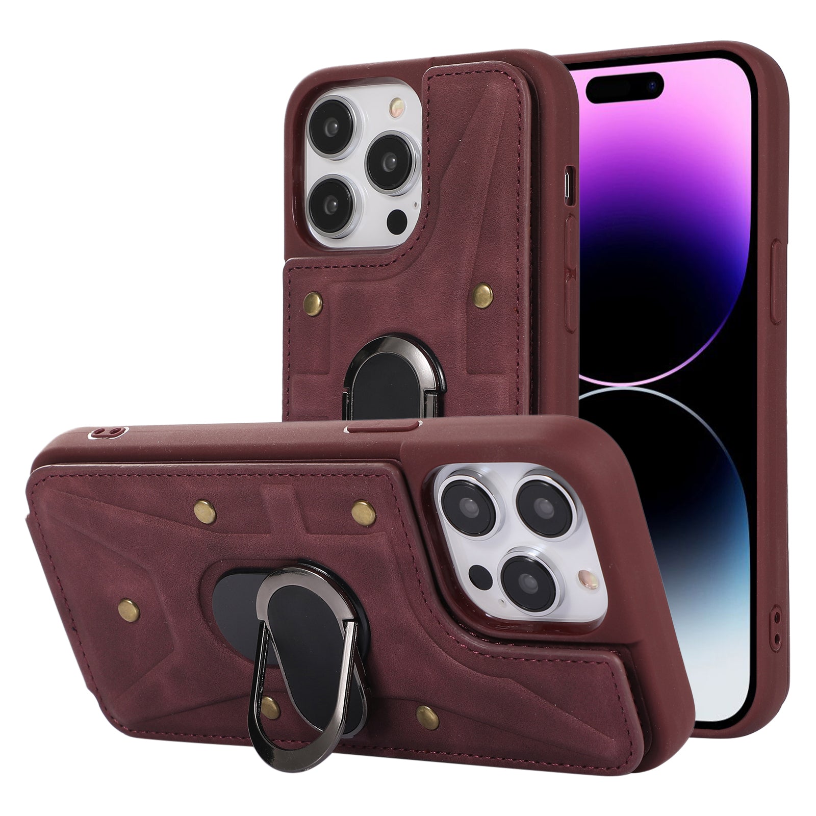 For iPhone 14 Pro Max Card Bag Design Shockproof Skin-touch PU Leather Coated TPU Back Case with Magnetic Ring Kickstand