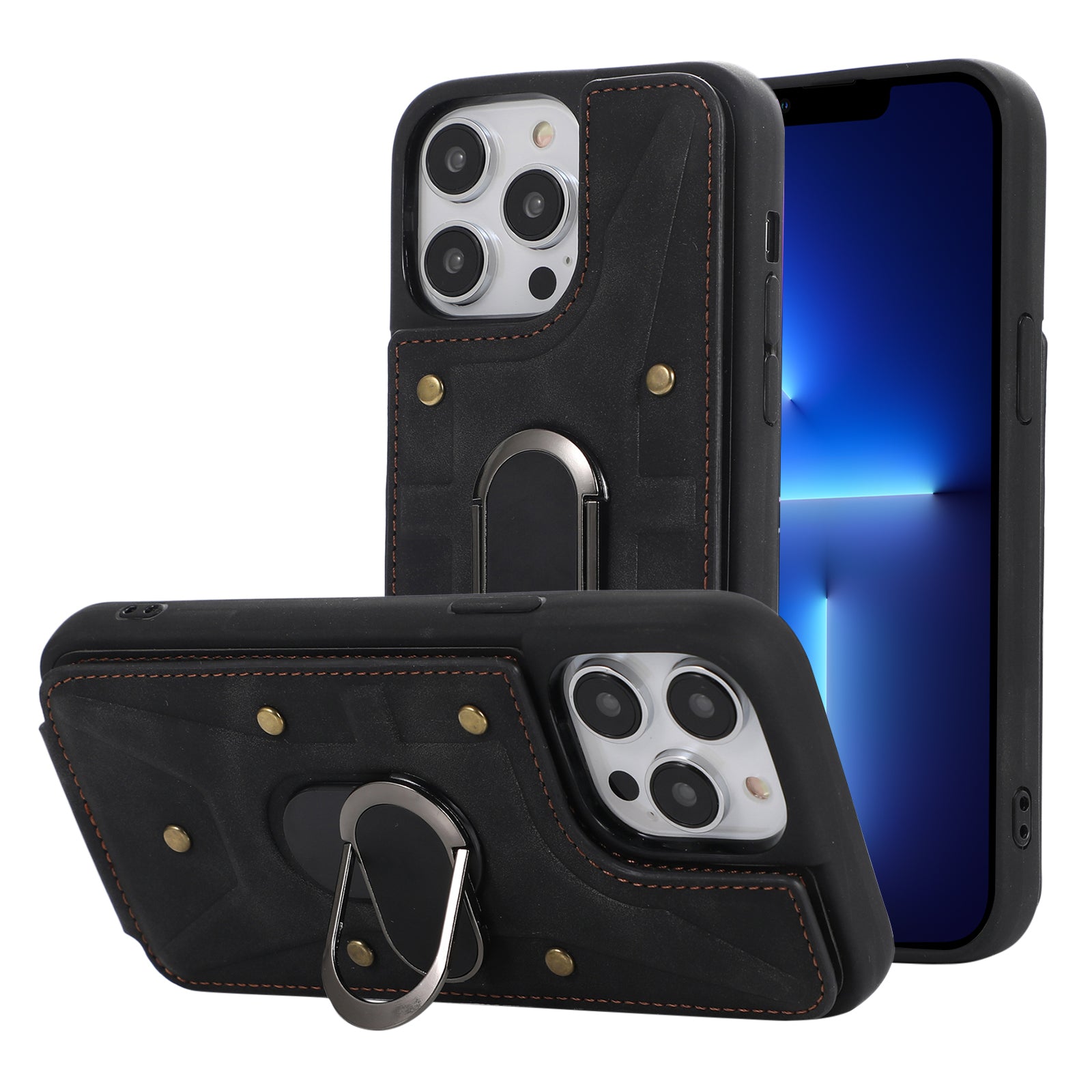 For iPhone 13 Pro Max 6.7 inch Card Bag Design Drop-proof Skin-touch PU Leather Coated TPU Back Case with Magnetic Ring Kickstand