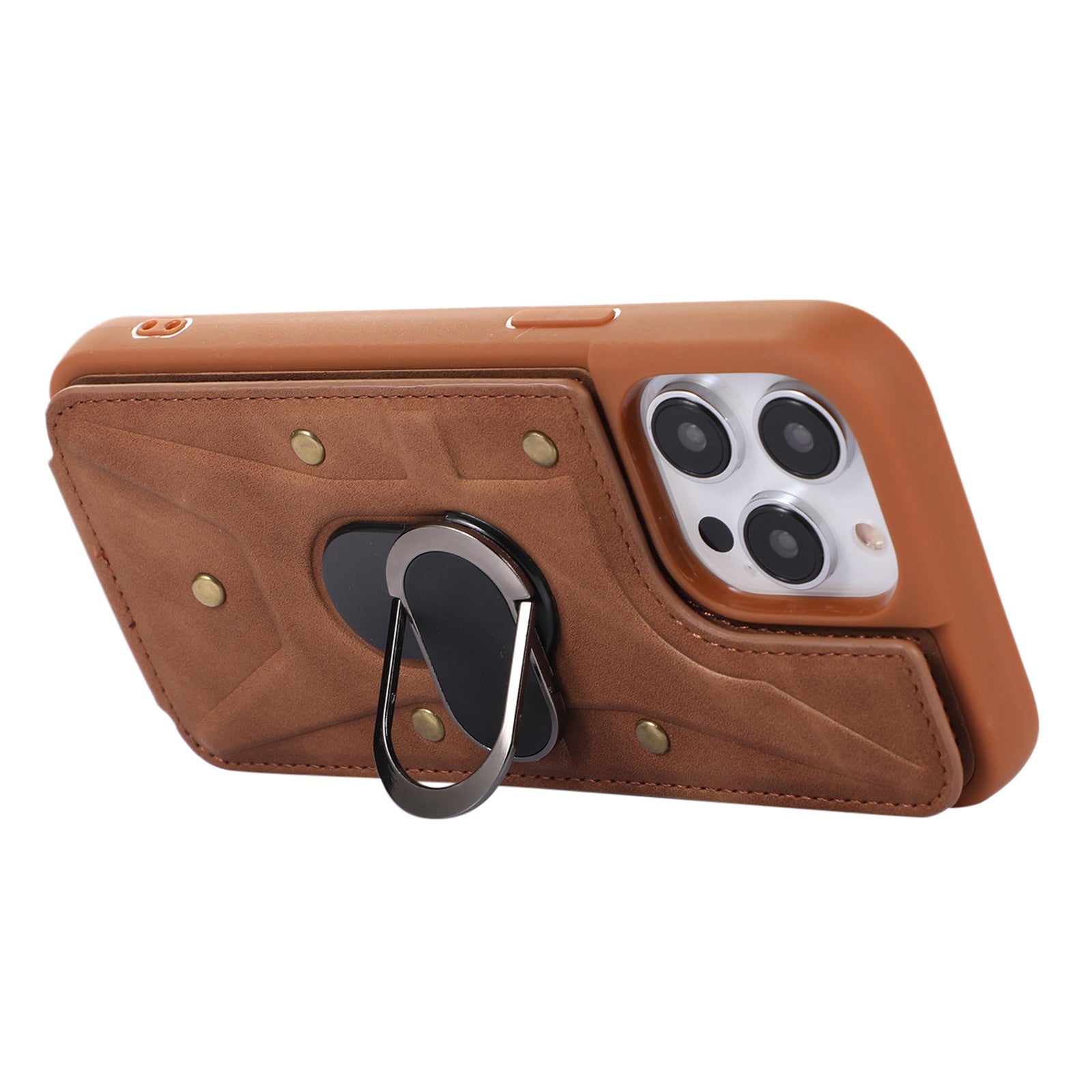 For iPhone 13 Pro Max 6.7 inch Card Bag Design Drop-proof Skin-touch PU Leather Coated TPU Back Case with Magnetic Ring Kickstand