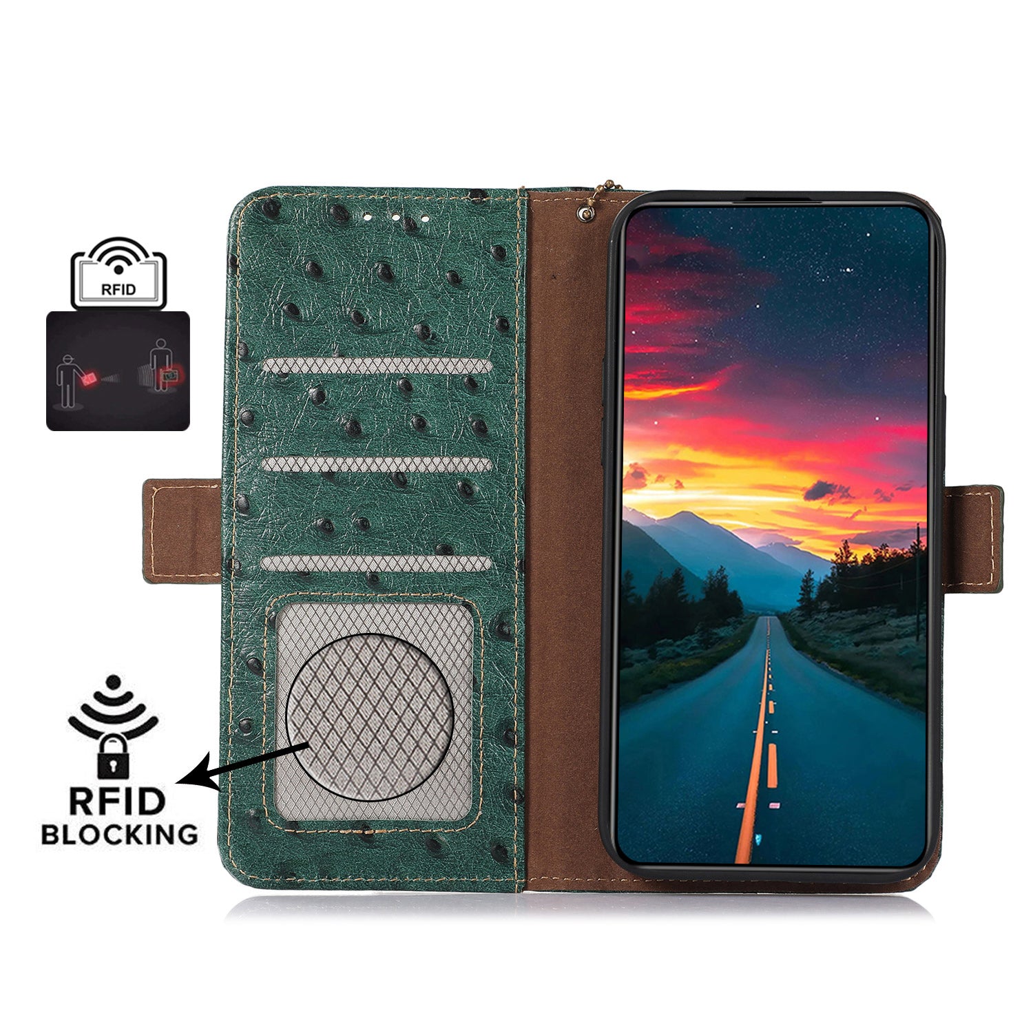 For Samsung Galaxy A04 4G (164.4 x 76.3 x 9.1 mm) Ostrich Pattern Genuine Cowhide Leather Phone Case RFID Blocking Flip Wallet Stand Cell Phone Cover