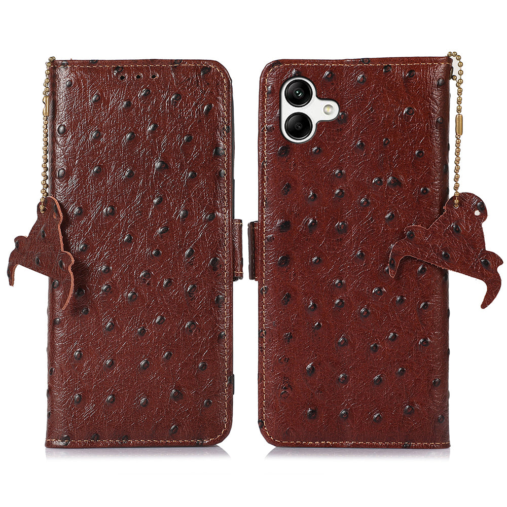 For Samsung Galaxy A04 4G (164.4 x 76.3 x 9.1 mm) Ostrich Pattern Genuine Cowhide Leather Phone Case RFID Blocking Flip Wallet Stand Cell Phone Cover