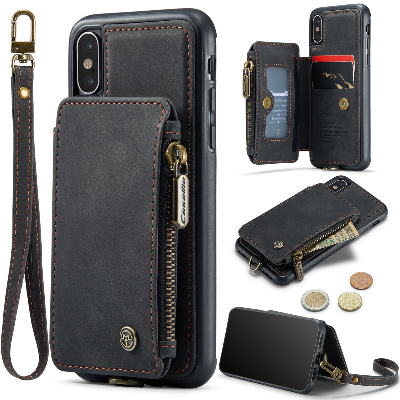 CASEME C20 Series for iPhone X XS 5.8 inch PU Leather Coated TPU Shockproof Phone Cover RFID Blocking Wallet Zipper Pocket Phone Case with Kickstand