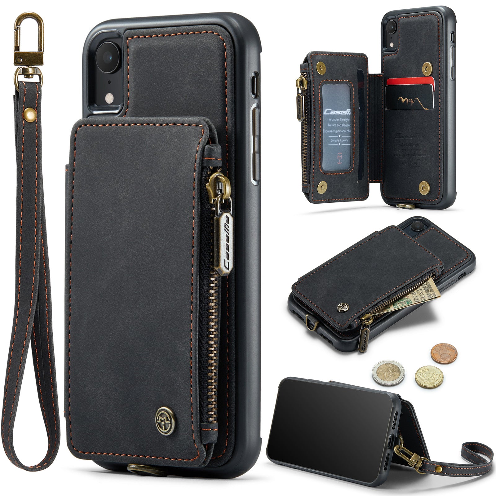 CASEME C20 Series Drop-proof Phone Case for iPhone XR 6.1 inch RFID Blocking Zipper Pocket PU Leather Coated TPU Phone Cover Wallet Kickstand