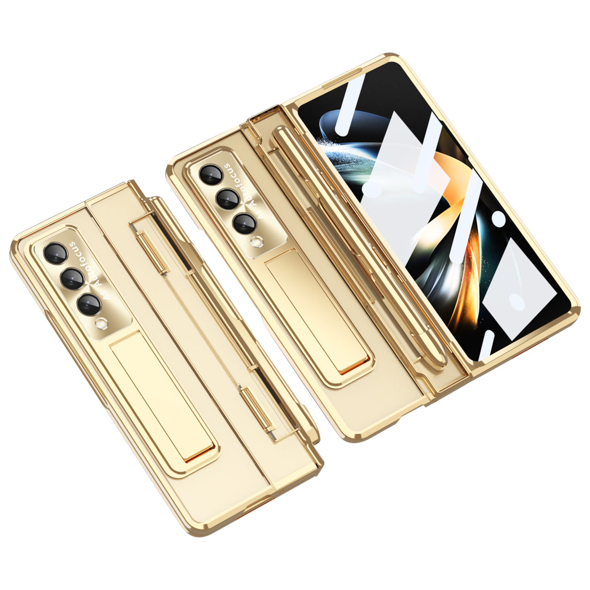 Gennemsigtigt telefoncover til Samsung Galaxy Z Fold4 5G Kickstand Galvanisering Ridsefast pc-cover med hærdet glasfilm og stylus