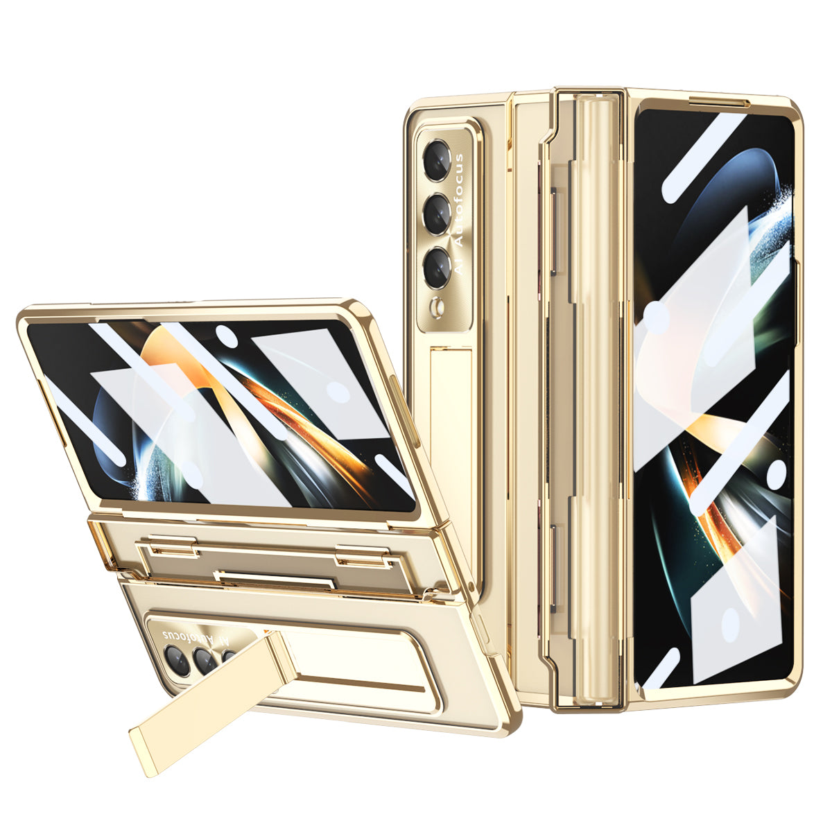 Gennemsigtigt telefoncover til Samsung Galaxy Z Fold4 5G Kickstand Galvanisering Ridsefast pc-cover med hærdet glasfilm og stylus