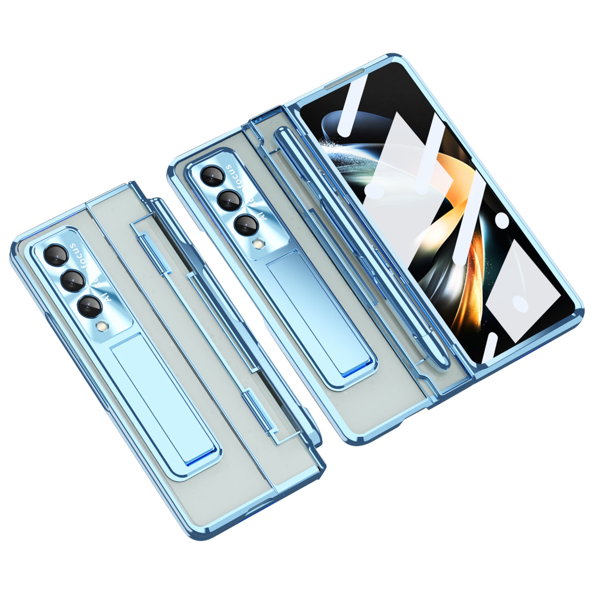 Gennemsigtigt telefoncover til Samsung Galaxy Z Fold4 5G Kickstand Galvanisering Ridsefast pc-cover med hærdet glasfilm og stylus