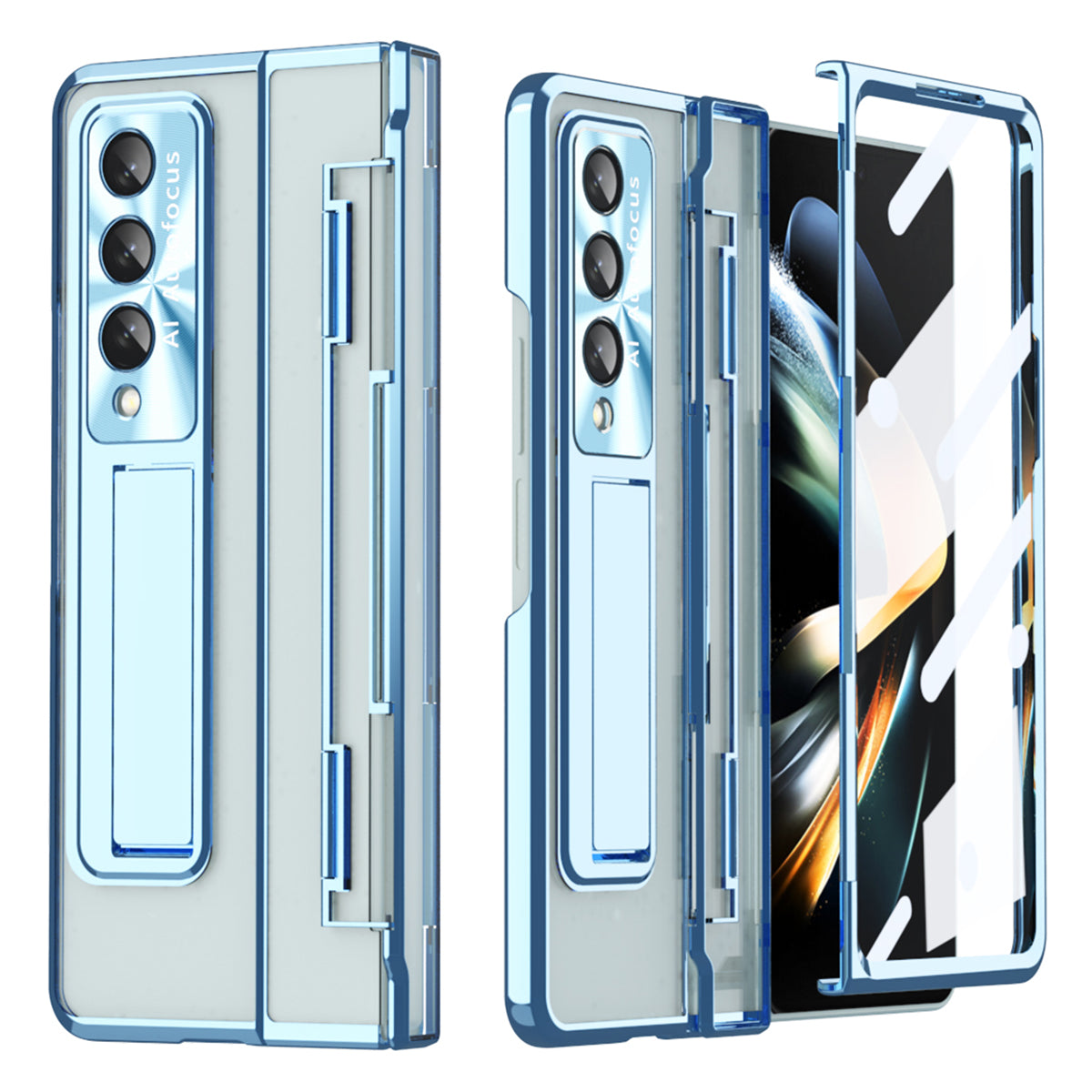 Gennemsigtigt telefoncover til Samsung Galaxy Z Fold4 5G Kickstand Galvanisering Ridsefast pc-cover med hærdet glasfilm og stylus