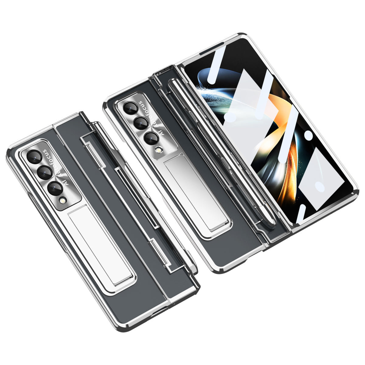Gennemsigtigt telefoncover til Samsung Galaxy Z Fold4 5G Kickstand Galvanisering Ridsefast pc-cover med hærdet glasfilm og stylus