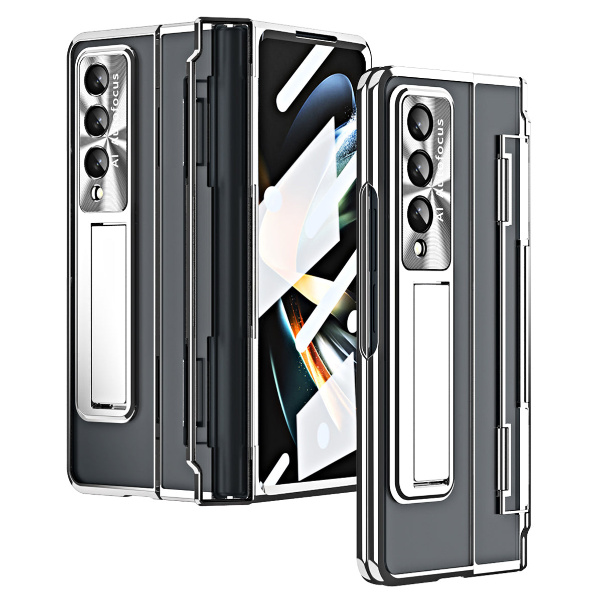 Gennemsigtigt telefoncover til Samsung Galaxy Z Fold4 5G Kickstand Galvanisering Ridsefast pc-cover med hærdet glasfilm og stylus