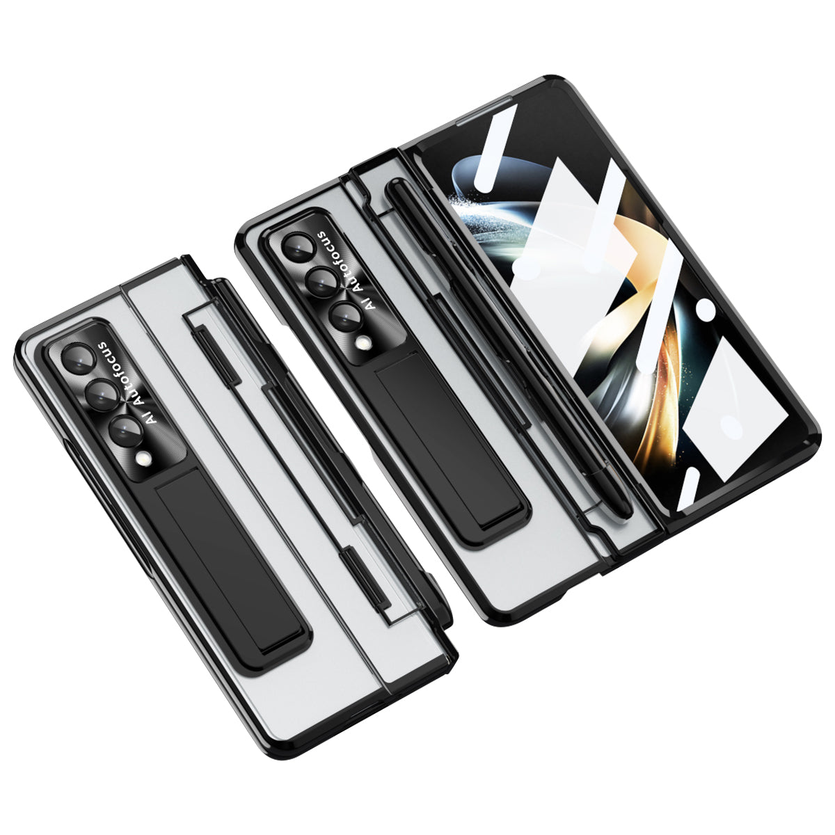 Gennemsigtigt telefoncover til Samsung Galaxy Z Fold4 5G Kickstand Galvanisering Ridsefast pc-cover med hærdet glasfilm og stylus