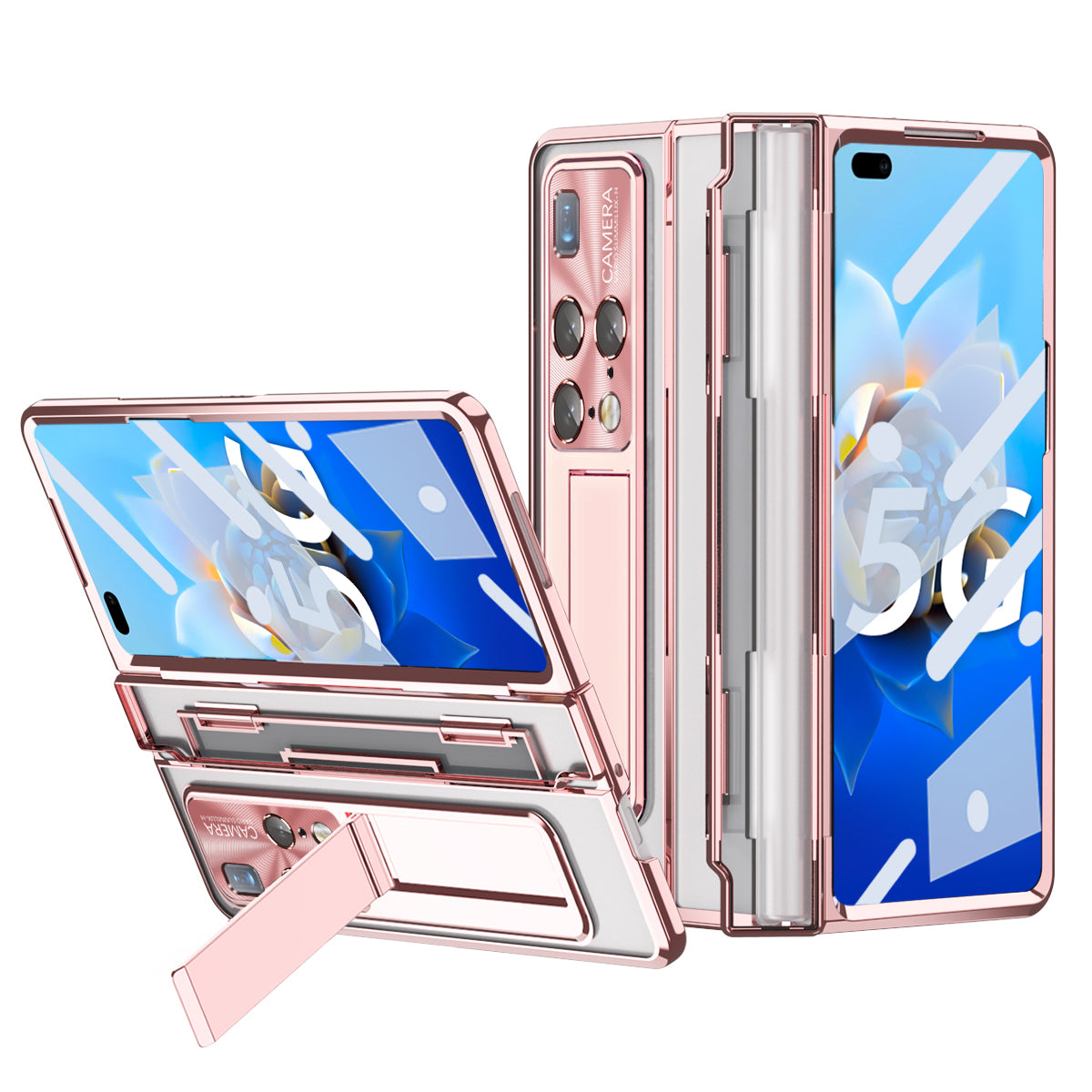 Electroplating PC Phone Cover For Huawei Mate X2 Transparent Protective Phone Case Kickstand with Tempered Glass Film