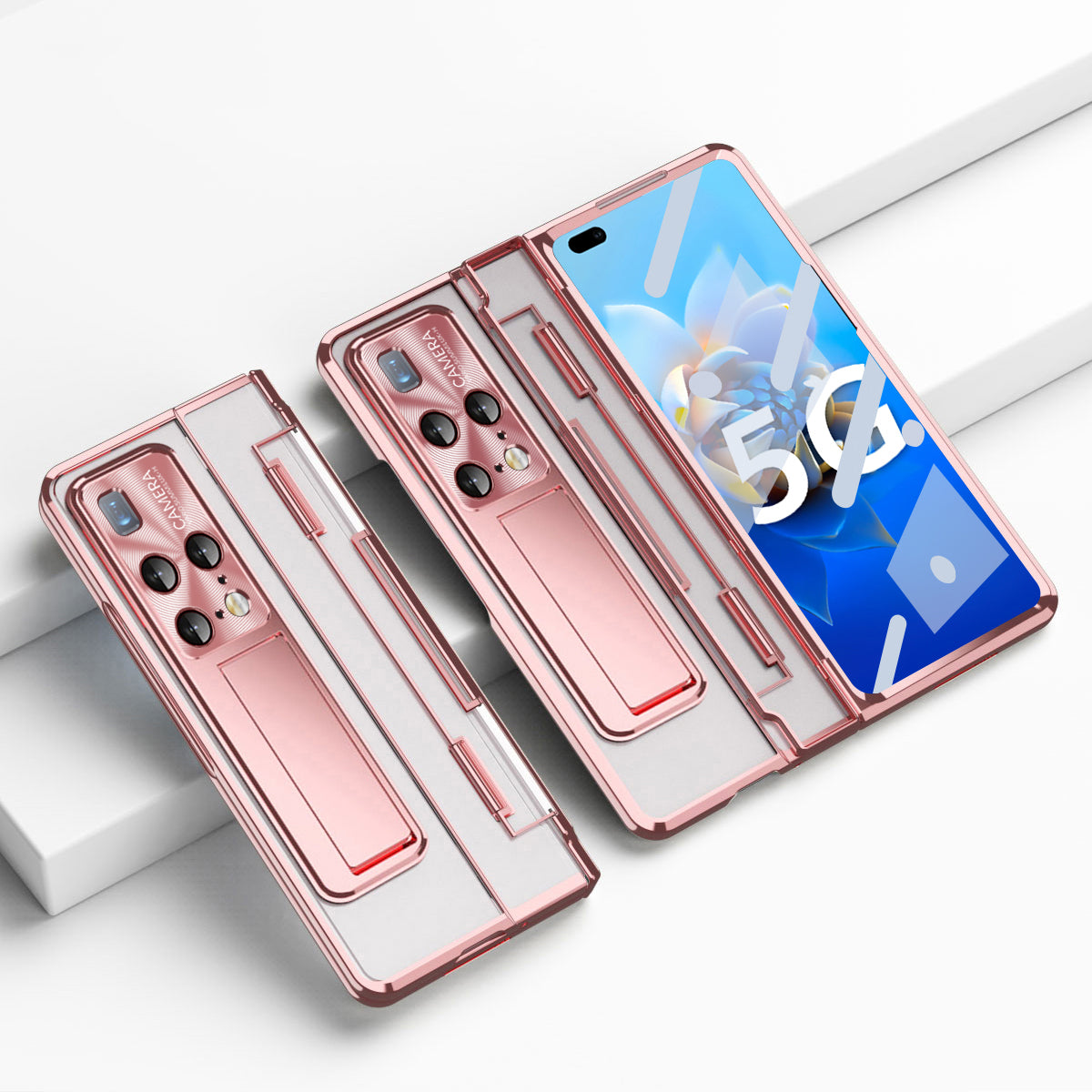 Electroplating PC Phone Cover For Huawei Mate X2 Transparent Protective Phone Case Kickstand with Tempered Glass Film