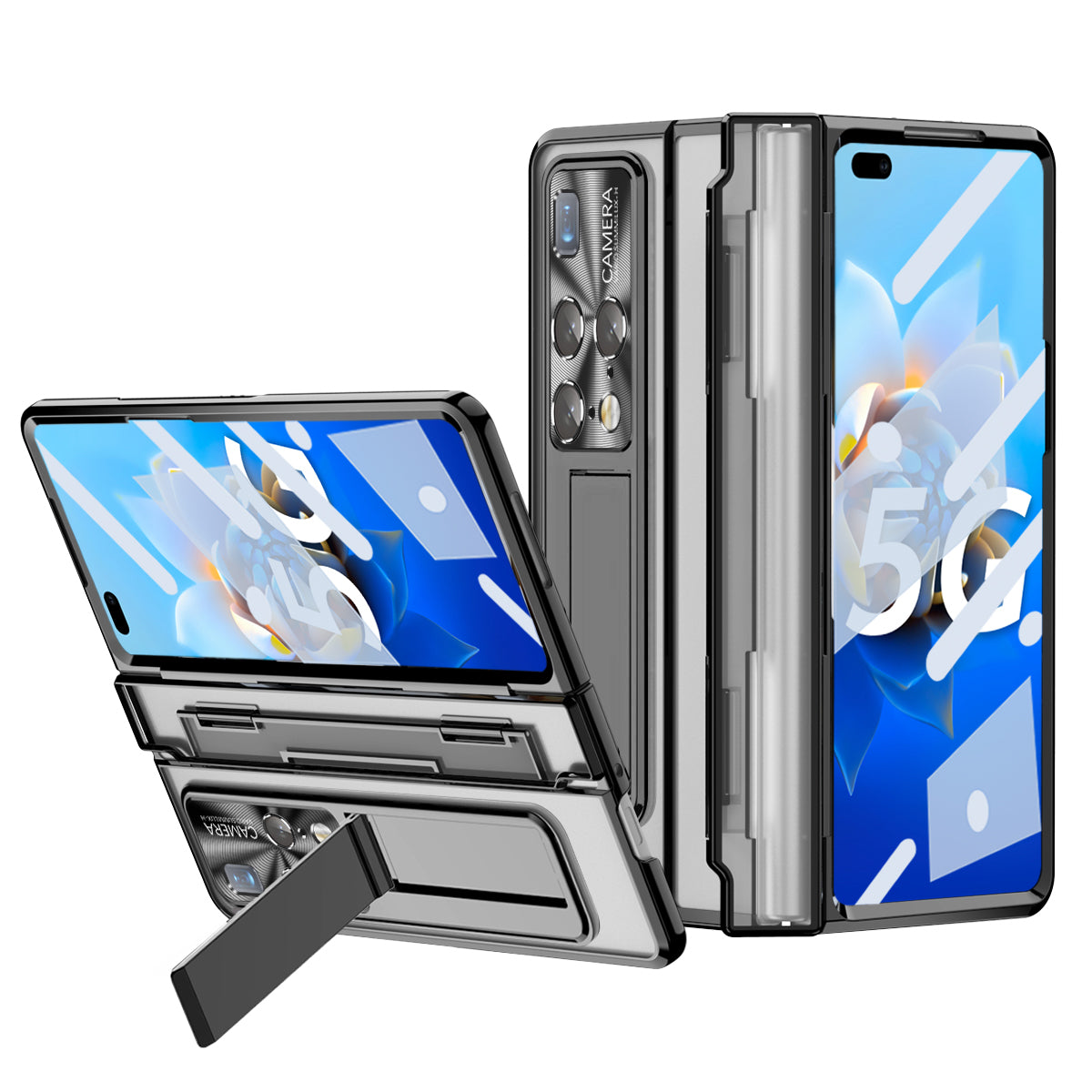 Electroplating PC Phone Cover For Huawei Mate X2 Transparent Protective Phone Case Kickstand with Tempered Glass Film