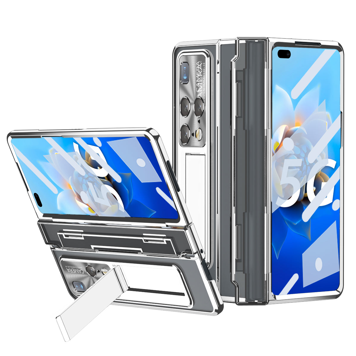 Electroplating PC Phone Cover For Huawei Mate X2 Transparent Protective Phone Case Kickstand with Tempered Glass Film