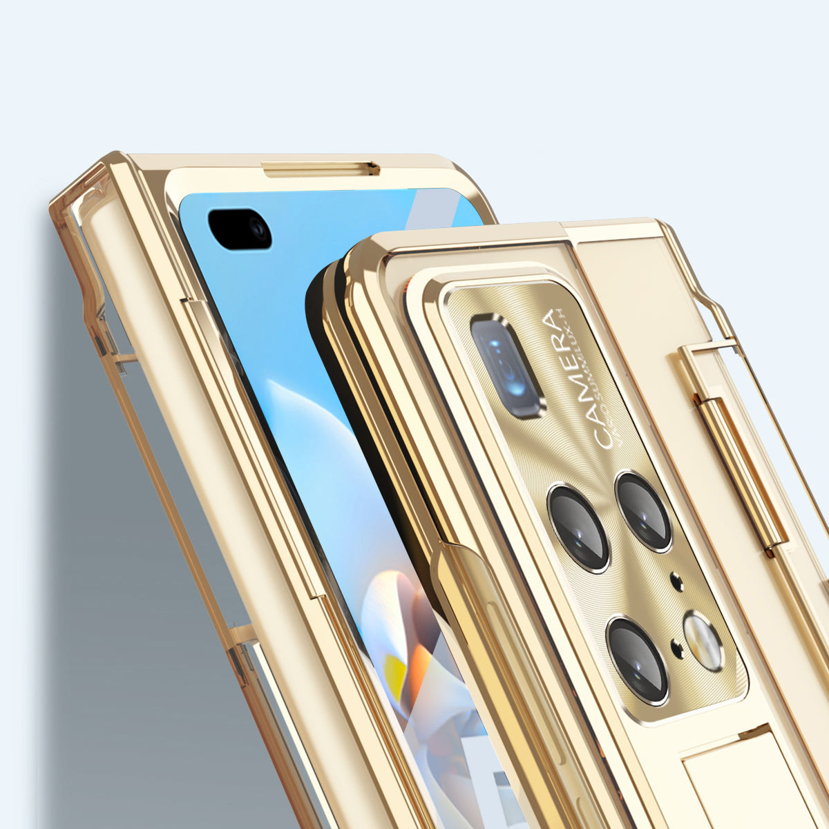 Electroplating PC Phone Cover For Huawei Mate X2 Transparent Protective Phone Case Kickstand with Tempered Glass Film