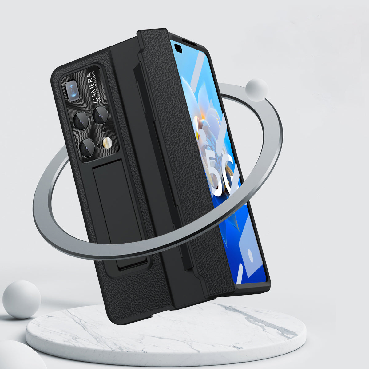 For Huawei Mate X2 Phone Case Scratch-resistant Hinge Protection PU Leather PC Back Cover with Tempered Glass Screen Film