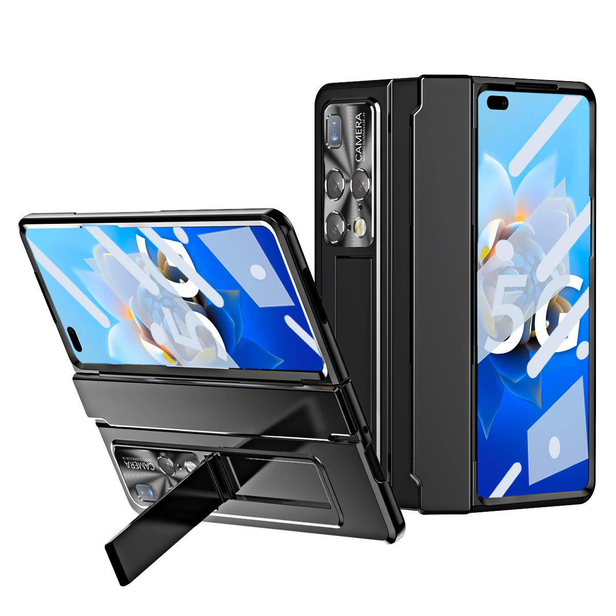 For Huawei Mate X2 Kickstand Hard PC Case Hinge Protection Phone Cover with Lens Film and Tempered Glass Screen Film