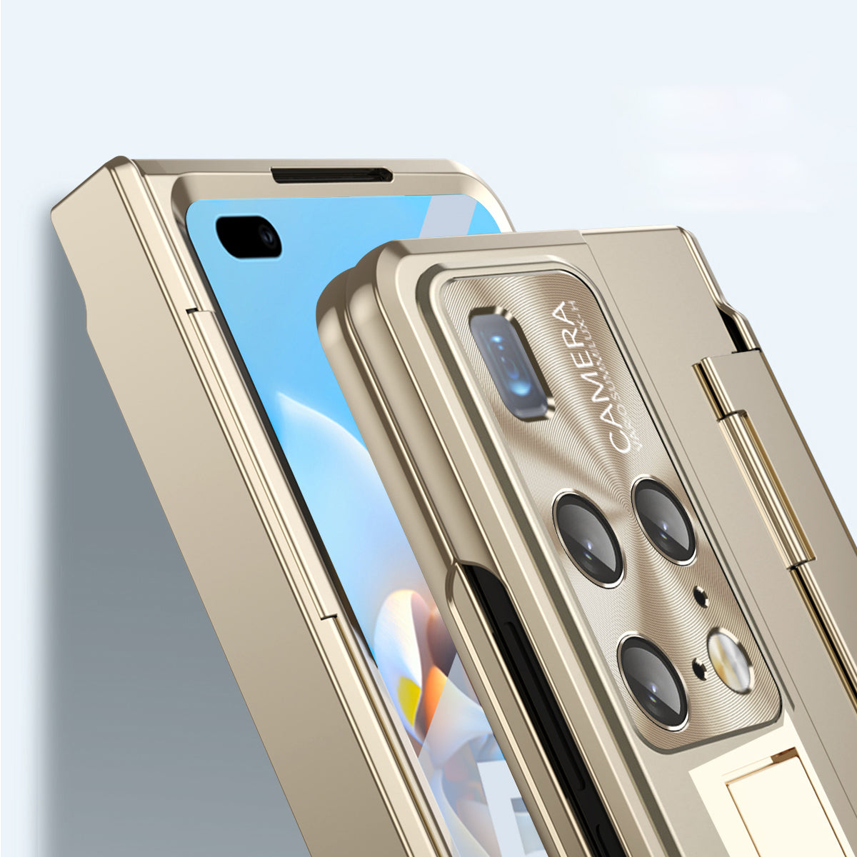 For Huawei Mate X2 Kickstand Hard PC Case Hinge Protection Phone Cover with Lens Film and Tempered Glass Screen Film