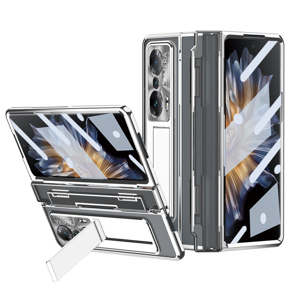 For Honor Magic Vs Ultimate 5G Magic Vs 5G Anti-fall Transparent Phone Case Electroplating PC Folding Back Cover Kickstand with Tempered Glass Film