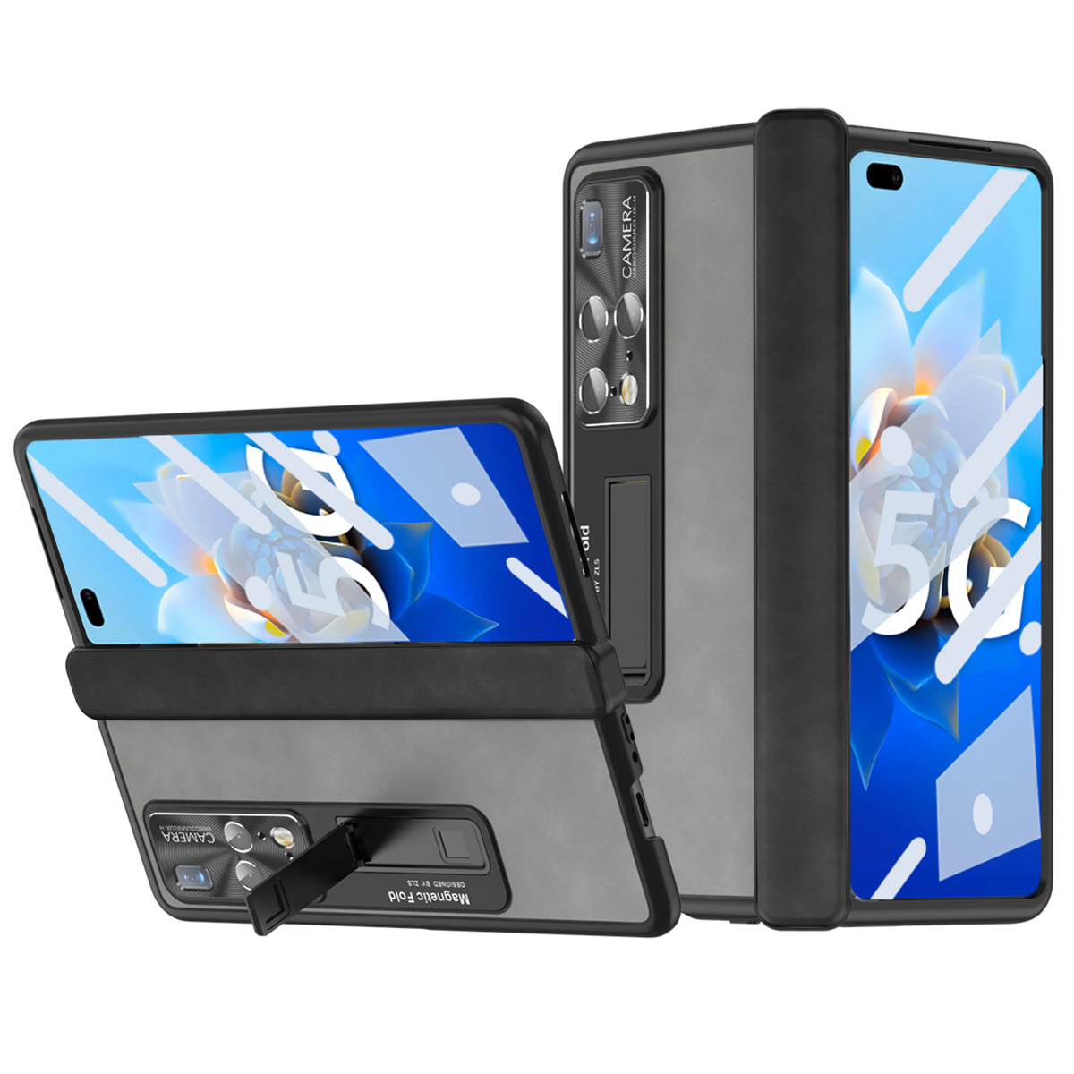 For Huawei Mate X2 Nappa Texture PU Leather PC Phone Case Magnetic Hinge Protection Kickstand Anti-Drop Full Protective Cover with Tempered Glass Film