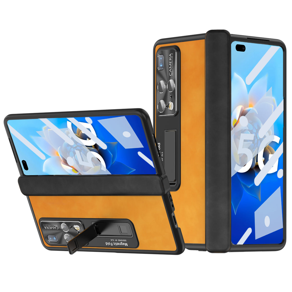 For Huawei Mate X2 Nappa Texture PU Leather PC Phone Case Magnetic Hinge Protection Kickstand Anti-Drop Full Protective Cover with Tempered Glass Film