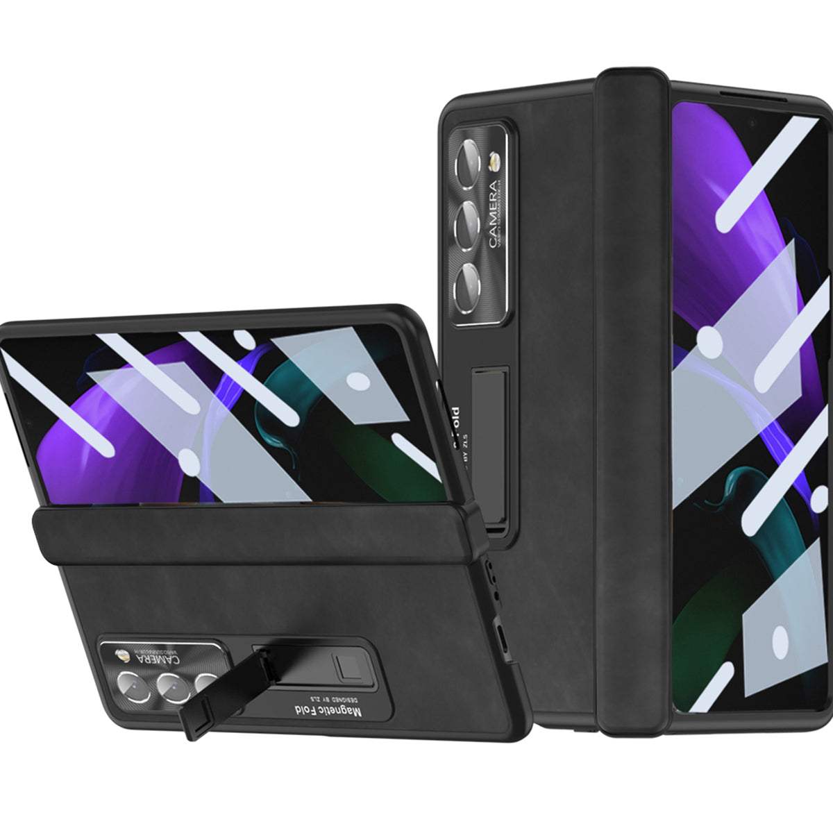 For Samsung Galaxy Z Fold2 5G Hinge Protection Kickstand Case Nappa Texture PU Leather PC Shockproof Phone Cover with Tempered Glass Film