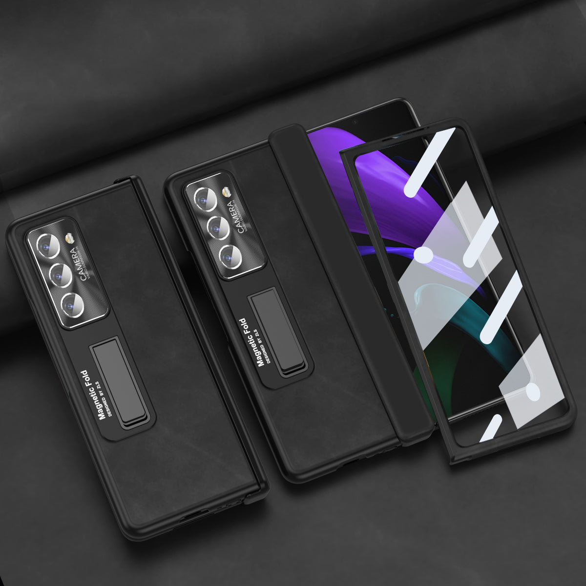 For Samsung Galaxy Z Fold2 5G Hinge Protection Kickstand Case Nappa Texture PU Leather PC Shockproof Phone Cover with Tempered Glass Film