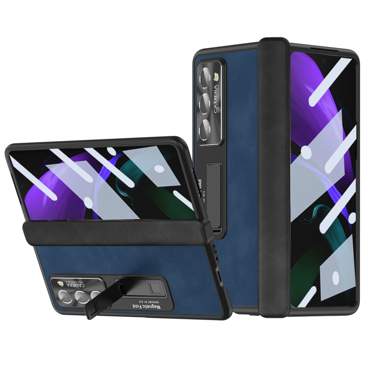 For Samsung Galaxy Z Fold2 5G Hinge Protection Kickstand Case Nappa Texture PU Leather PC Shockproof Phone Cover with Tempered Glass Film
