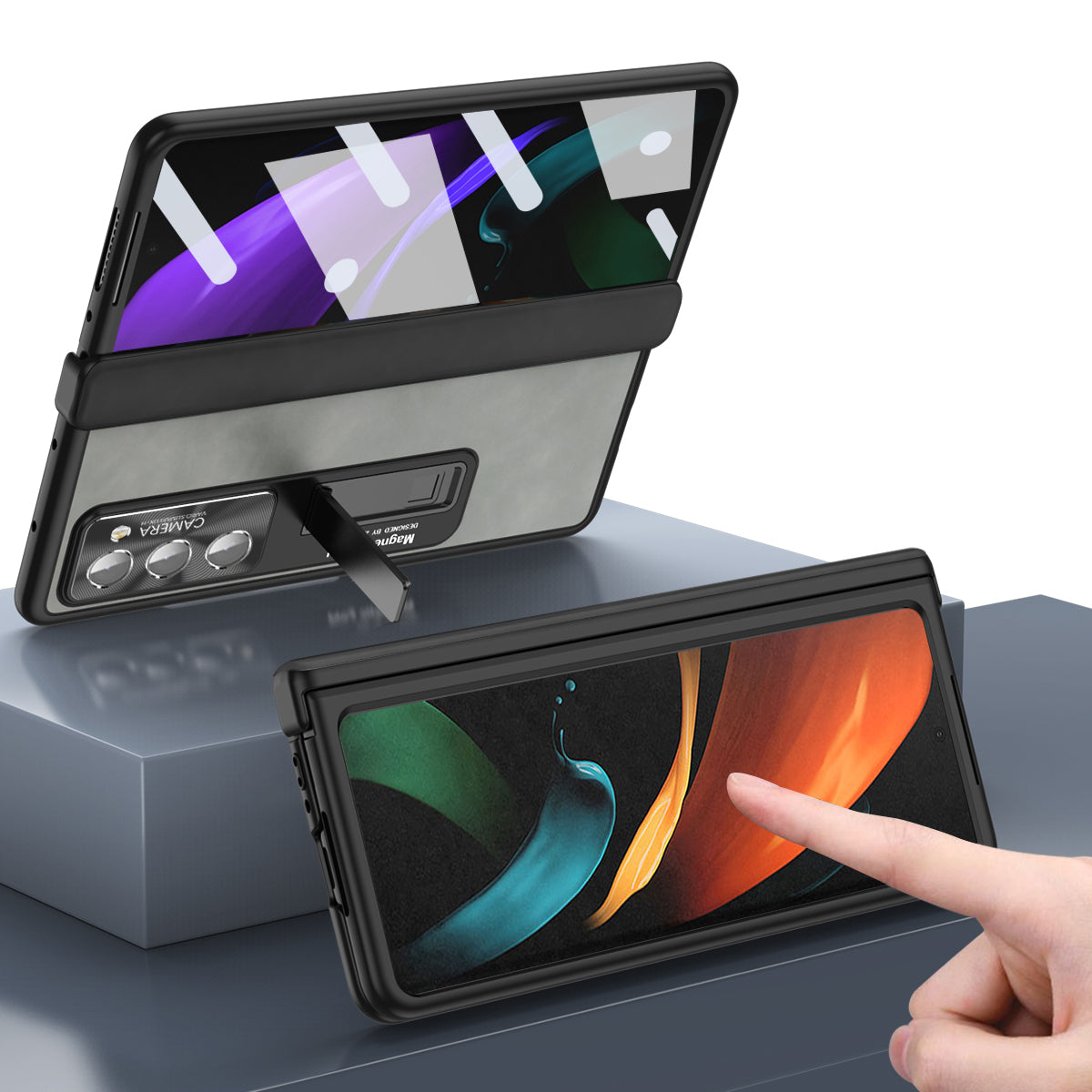 For Samsung Galaxy Z Fold2 5G Hinge Protection Kickstand Case Nappa Texture PU Leather PC Shockproof Phone Cover with Tempered Glass Film