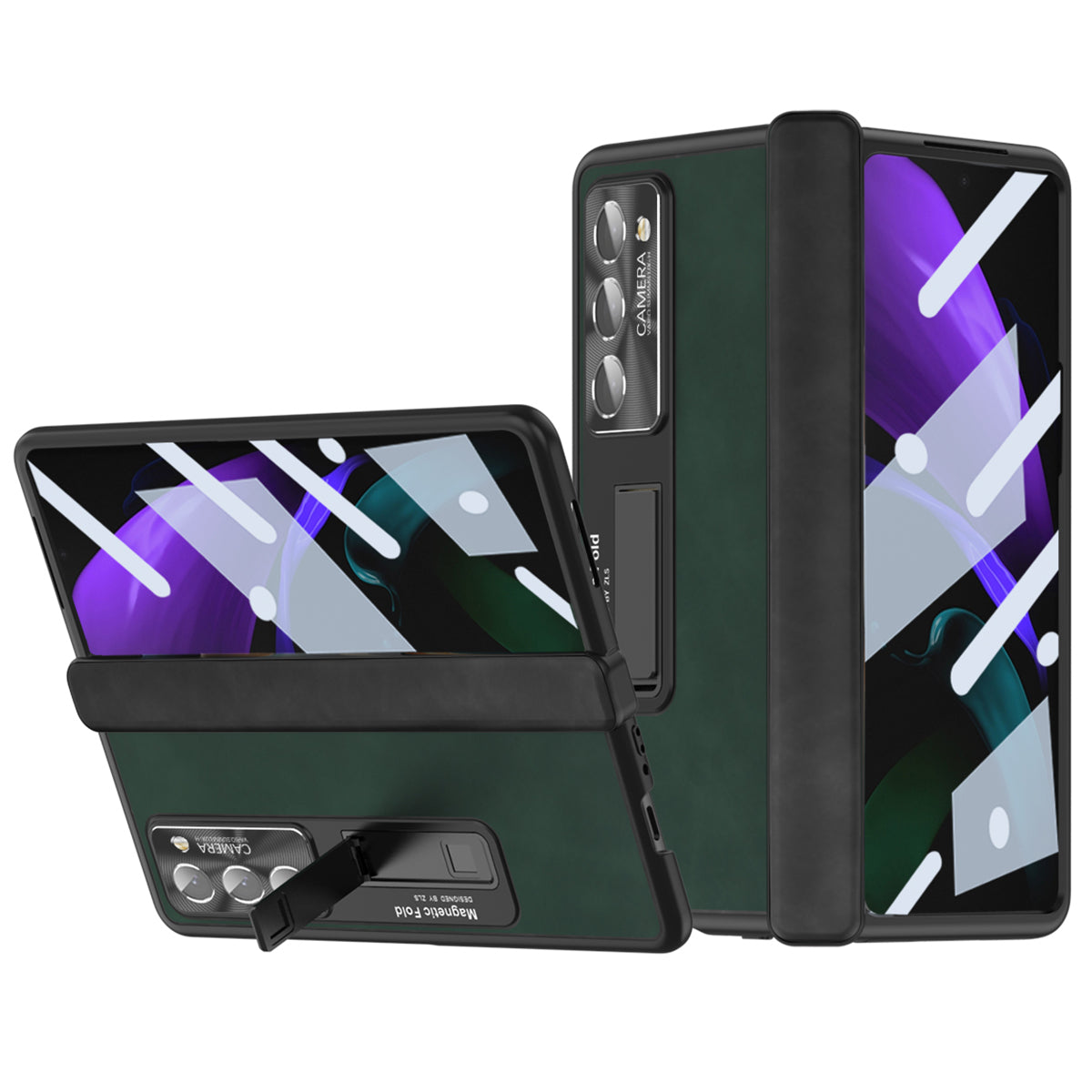 For Samsung Galaxy Z Fold2 5G Hinge Protection Kickstand Case Nappa Texture PU Leather PC Shockproof Phone Cover with Tempered Glass Film