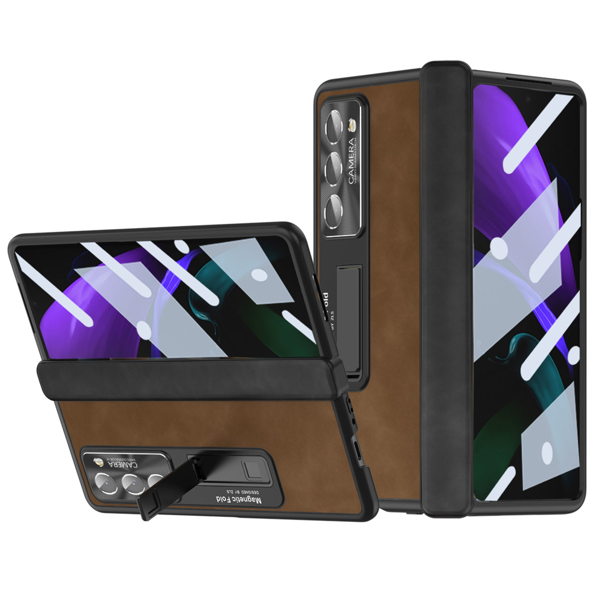 For Samsung Galaxy Z Fold2 5G Hinge Protection Kickstand Case Nappa Texture PU Leather PC Shockproof Phone Cover with Tempered Glass Film