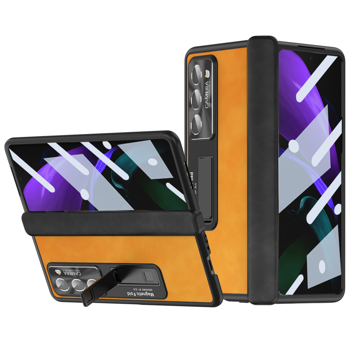 For Samsung Galaxy Z Fold2 5G Hinge Protection Kickstand Case Nappa Texture PU Leather PC Shockproof Phone Cover with Tempered Glass Film