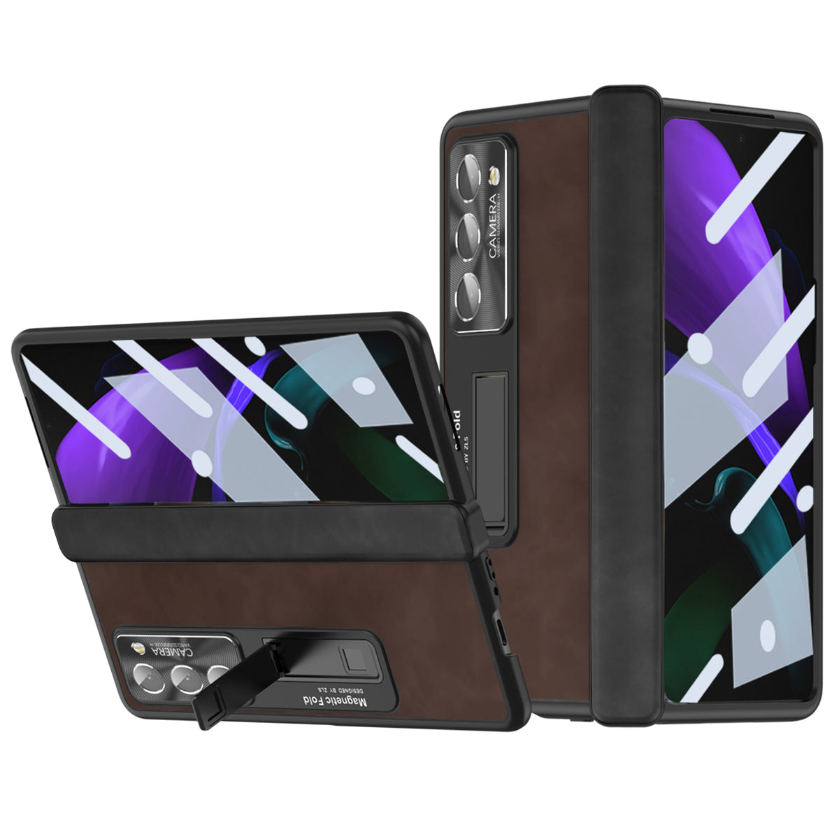 For Samsung Galaxy Z Fold2 5G Hinge Protection Kickstand Case Nappa Texture PU Leather PC Shockproof Phone Cover with Tempered Glass Film