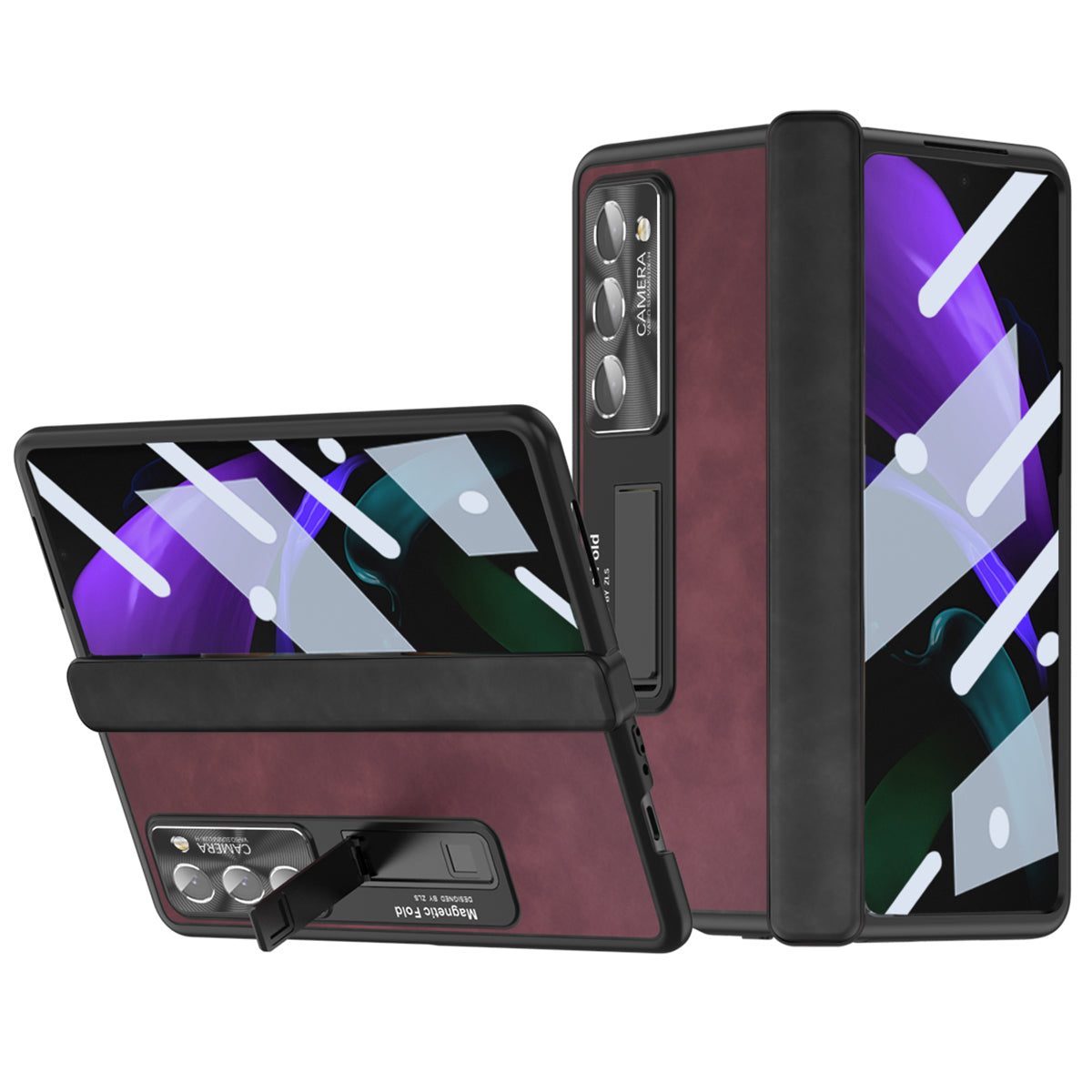 For Samsung Galaxy Z Fold2 5G Hinge Protection Kickstand Case Nappa Texture PU Leather PC Shockproof Phone Cover with Tempered Glass Film