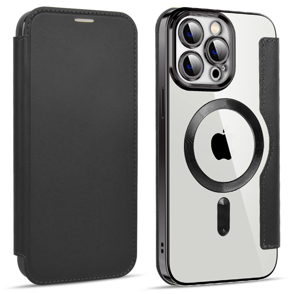 Phone Cover for iPhone 14 Pro Max Compatible with MagSafe RFID Blocking Card Slots PU Leather TPU Electroplating Clear Back Flip Case with Lens Film