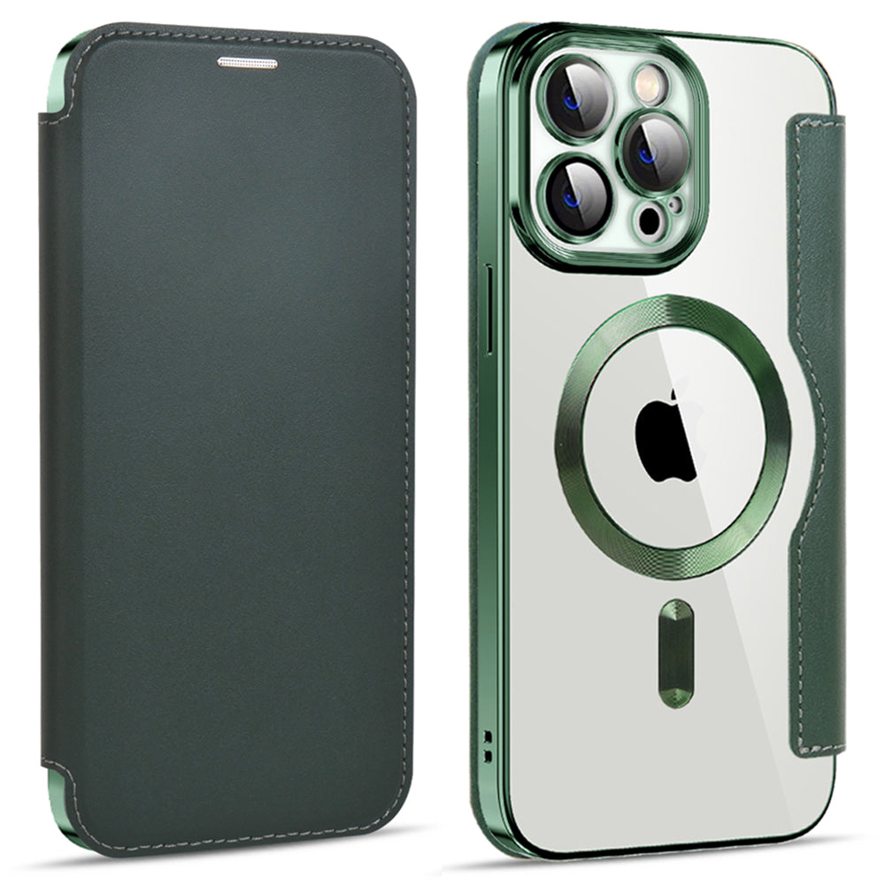 For iPhone 13 Pro Max 6.7 inch Compatible with MagSafe RFID Blocking Card Slots Bump Proof PU Leather TPU Electroplating Clear Back Flip Case with Lens Film