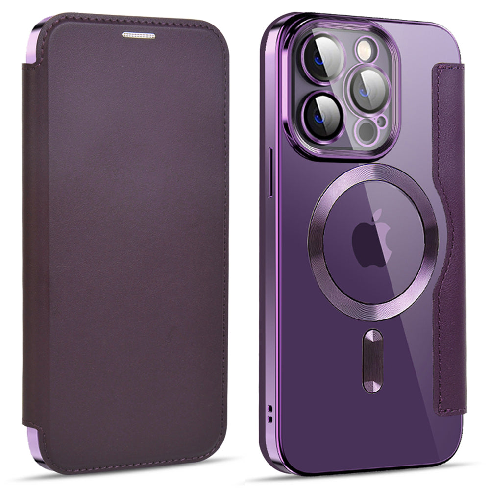 For iPhone 13 Pro 6.1 inch Compatible with MagSafe RFID Blocking Card Slots Shock-absorbing PU Leather TPU Electroplating Clear Back Flip Case with Lens Film