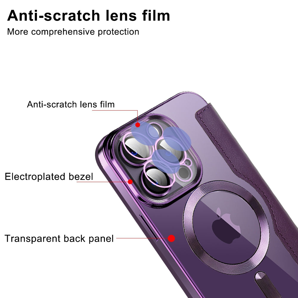 For iPhone 13 Pro 6.1 inch Compatible with MagSafe RFID Blocking Card Slots Shock-absorbing PU Leather TPU Electroplating Clear Back Flip Case with Lens Film