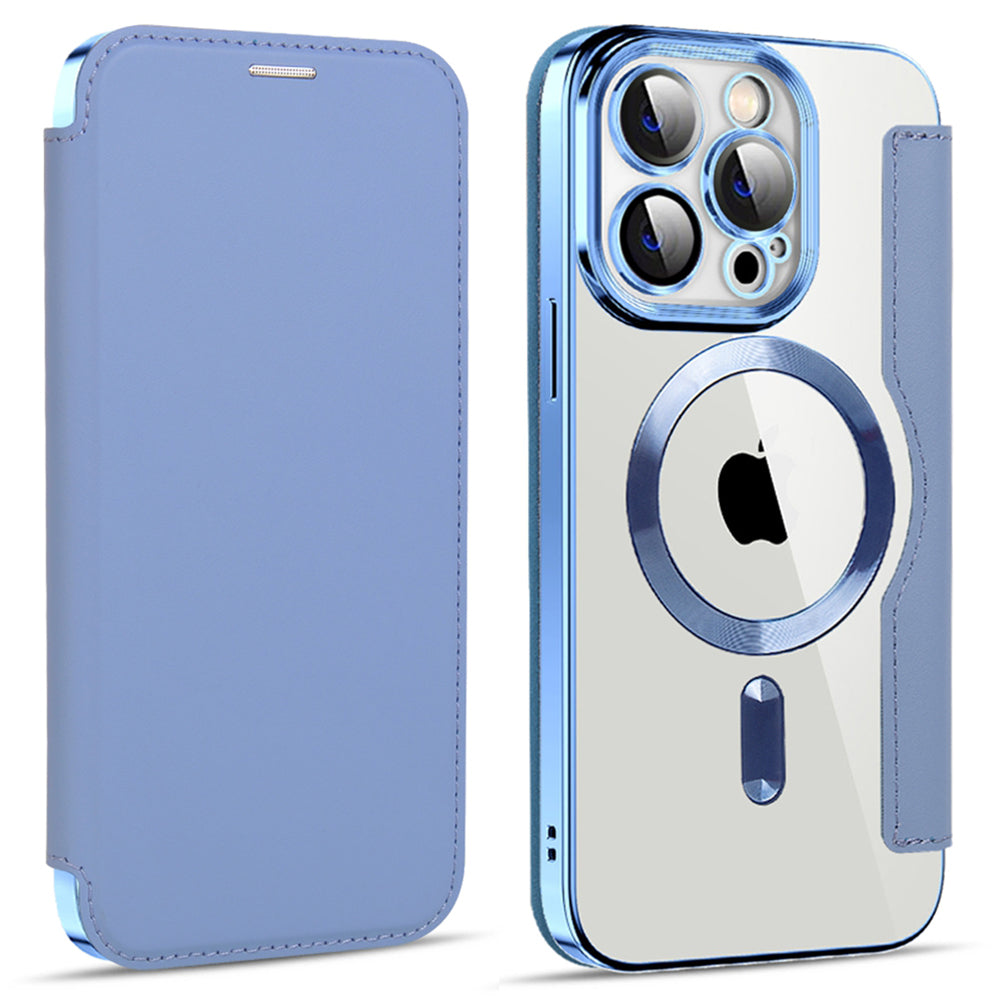 For iPhone 13 Pro 6.1 inch Compatible with MagSafe RFID Blocking Card Slots Shock-absorbing PU Leather TPU Electroplating Clear Back Flip Case with Lens Film