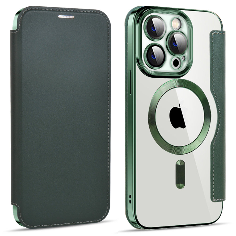 For iPhone 13 Pro 6.1 inch Compatible with MagSafe RFID Blocking Card Slots Shock-absorbing PU Leather TPU Electroplating Clear Back Flip Case with Lens Film